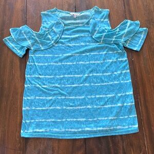 Juicy Couture Aqua Tie-Dye Stripe Cold Shoulder Ruffle Top Women’s Size M